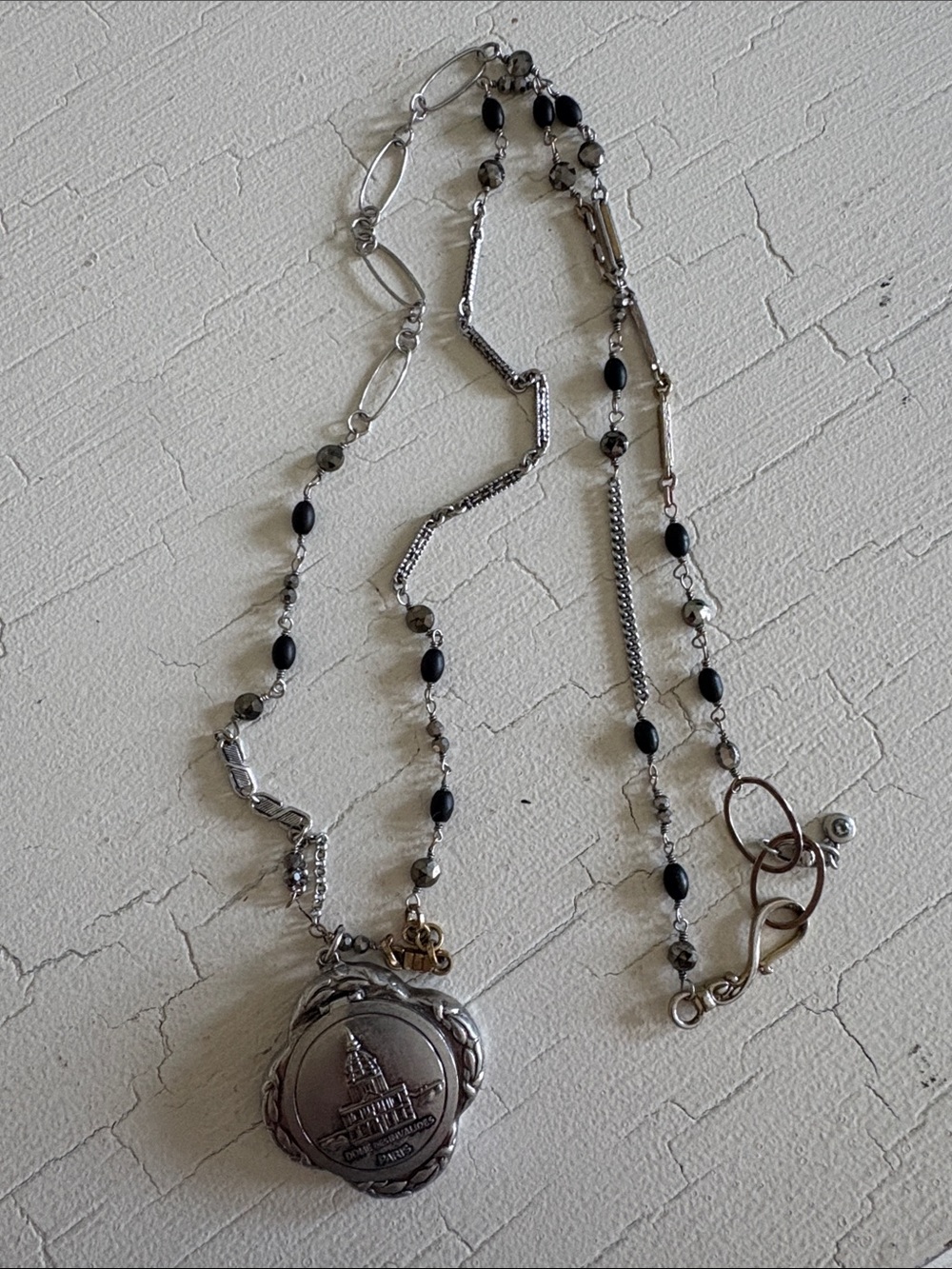 CAbi Silver-Tone Locket Necklace with Black and Metallic Beads